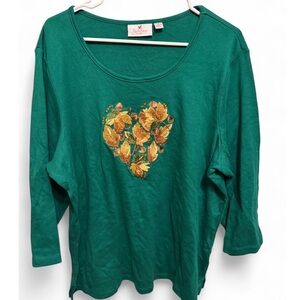 Quacker Factory Green Fall / Autumn Bedazzled embroidered Top , NWOT